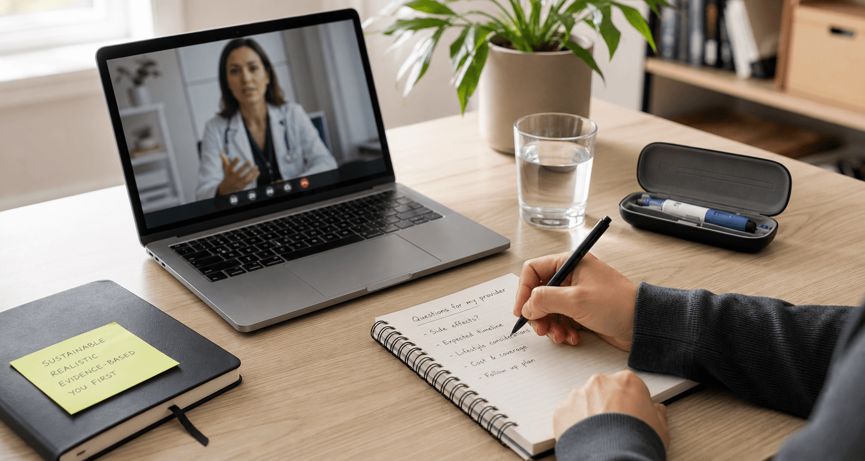 Telehealth consultation on a laptop beside notes, water, and a medication case on a desk.