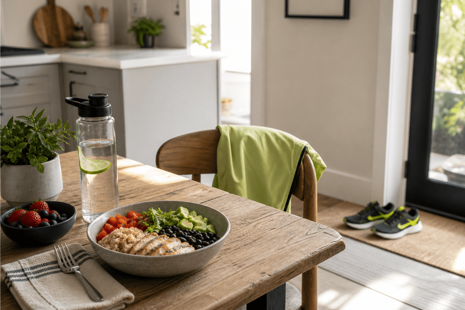 Prepared food, walking shoes, water bottle, and everyday routine items in a bright kitchen.