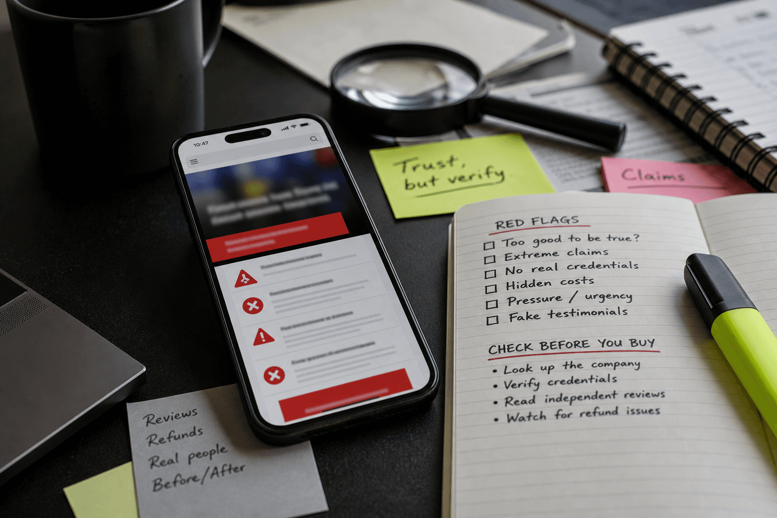 Phone, checklist notes, and research tools laid out for checking online weight-loss claims.