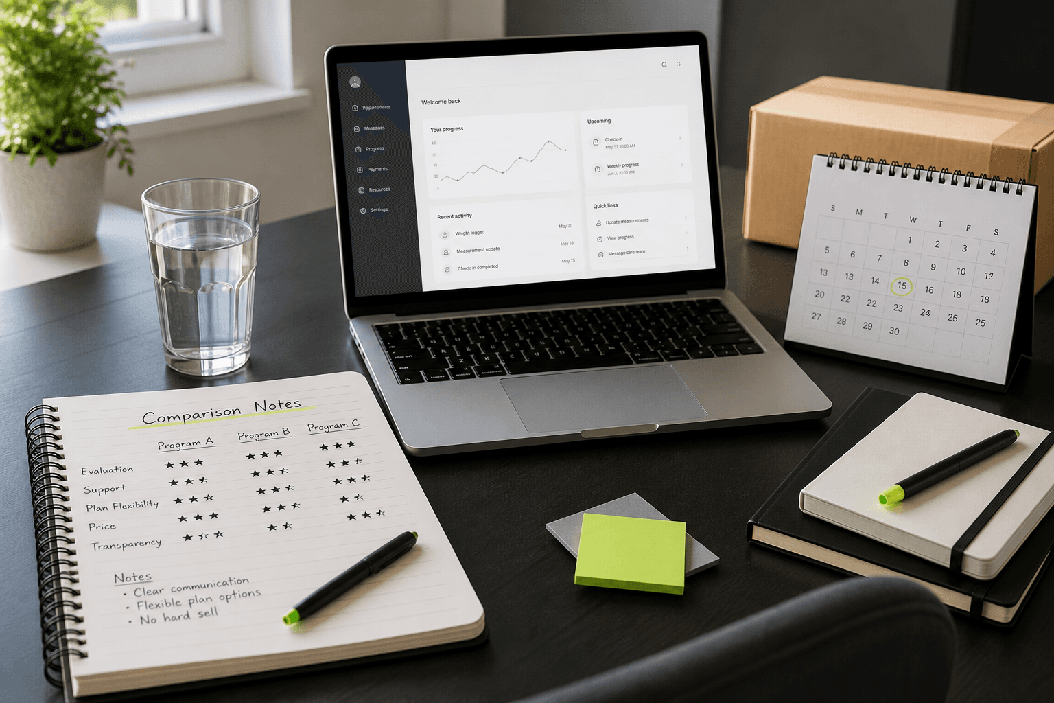 Laptop with a generic telehealth dashboard, comparison notes, calendar, and desk items for reviewing programs.