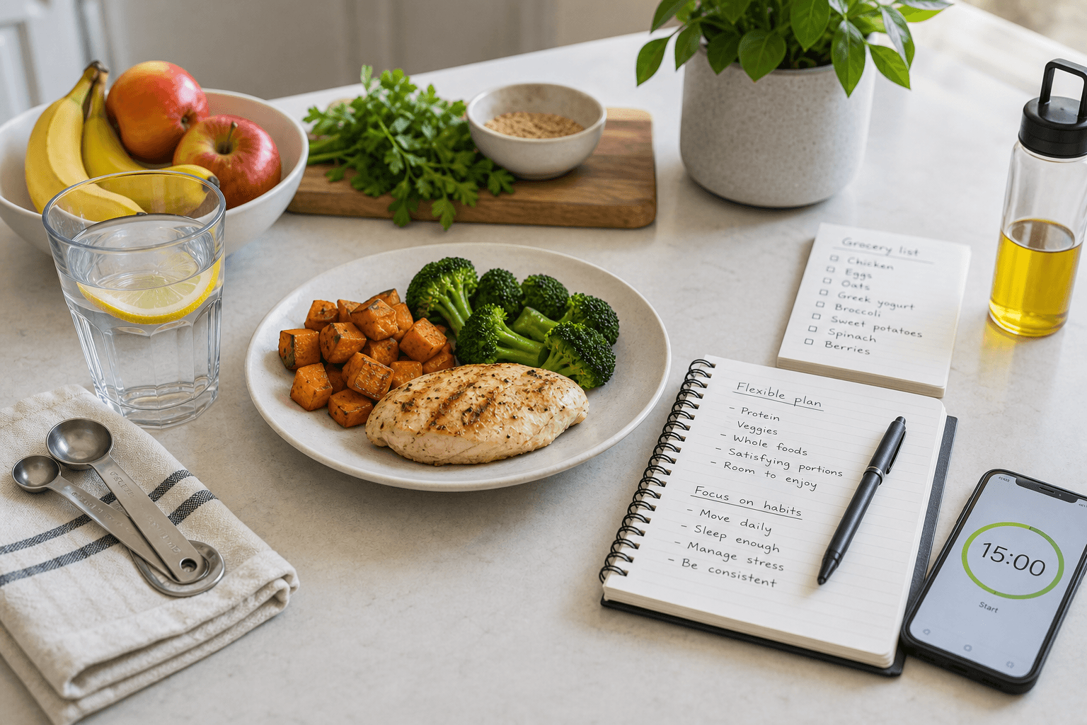 Simple meal planning notebook, measuring tape, and balanced food setup for a calorie deficit guide.