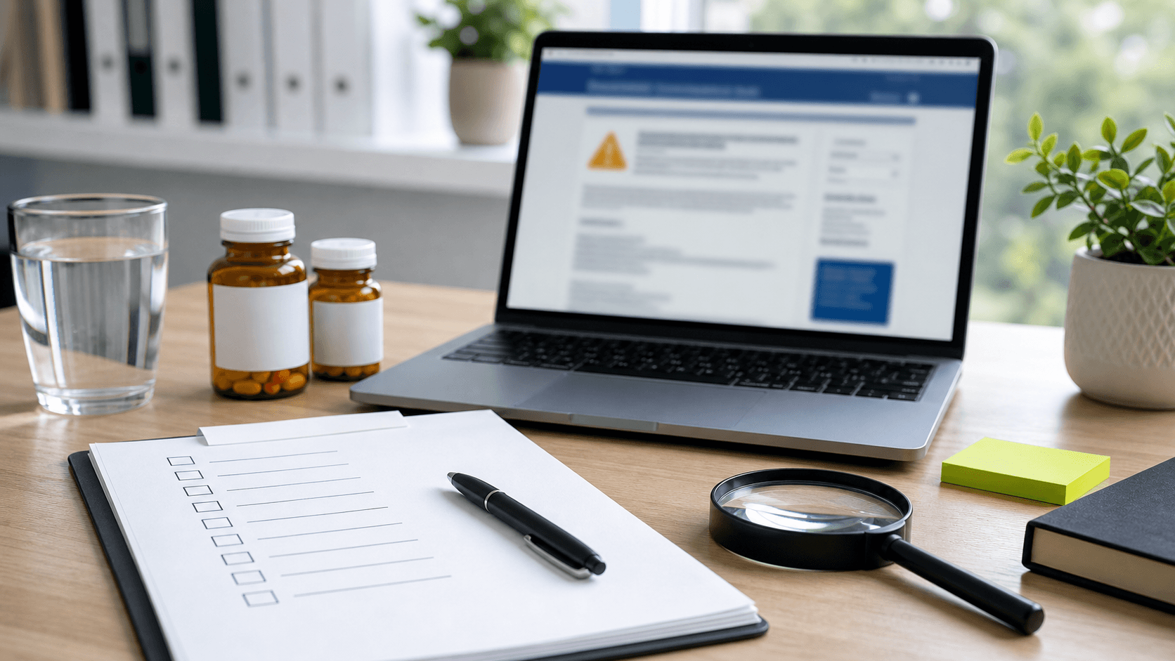 Research desk with medicine bottles, checklist, magnifying glass, and blurred safety information on a laptop.