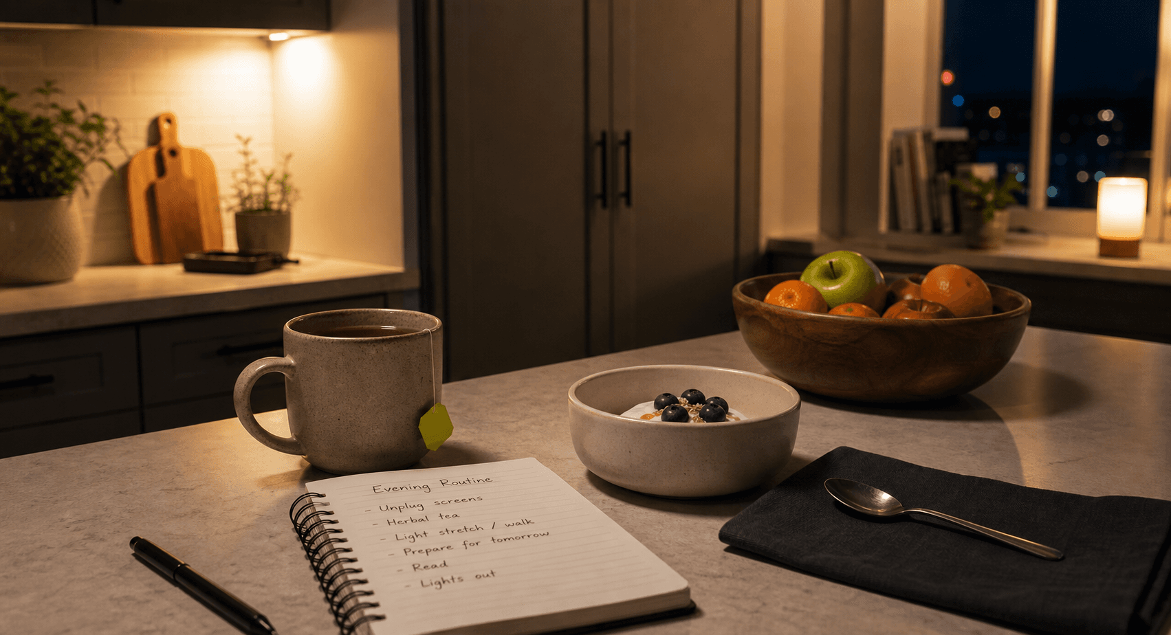 Evening kitchen counter with tea, fruit, yogurt, and a routine notebook for late-night snacking habits.