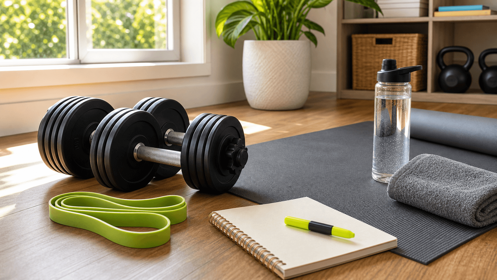 Dumbbells, resistance band, exercise mat, water bottle, and notebook in a home workout space.